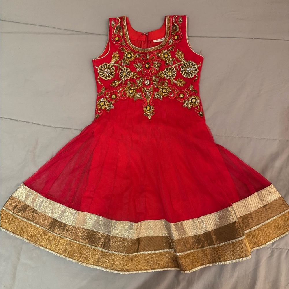 Vibrant Red Dress with Gold Embroidered Accents - Indian Anarkali dress